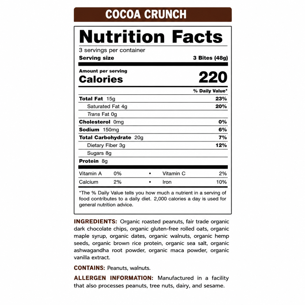 Nutrition facts label for Cocoa Crunch with serving size, calories, and ingredient list.