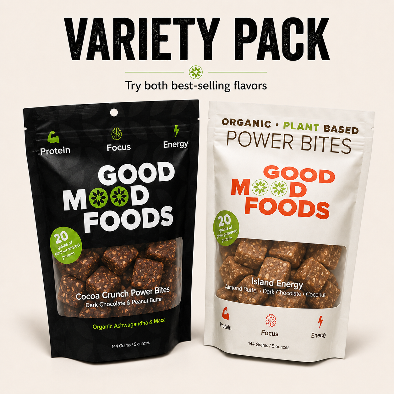 Two packages of Good Mood Foods power bites on a light background
